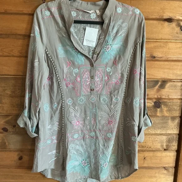 Soft Surroundings Gray Blouse with Pink and Blue Embroidery - Picture 1 of 7